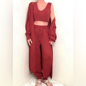Free People SET Pants Crop Top Maxi Cardigan in Rust Lightweight Knit size SMALL